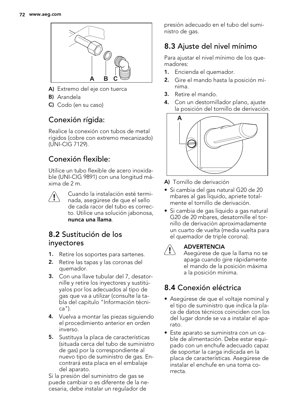 Conexión rígida, Conexión flexible, 2 sustitución de los inyectores | 3 ajuste del nivel mínimo, 4 conexión eléctrica | AEG HG755521UM User Manual | Page 72 / 76
