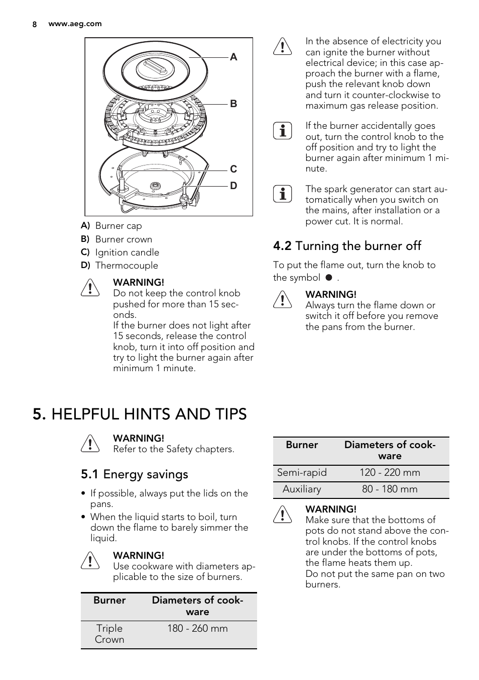 Helpful hints and tips, 2 turning the burner off, 1 energy savings | AEG HG755521UM User Manual | Page 8 / 76