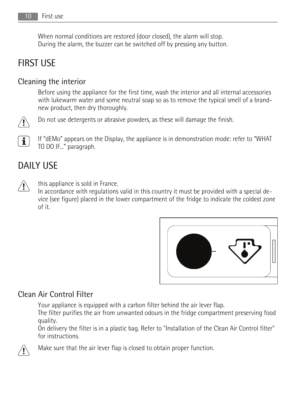 First use, Daily use, Cleaning the interior | Clean air control filter | AEG S84000KMX0 User Manual | Page 10 / 92