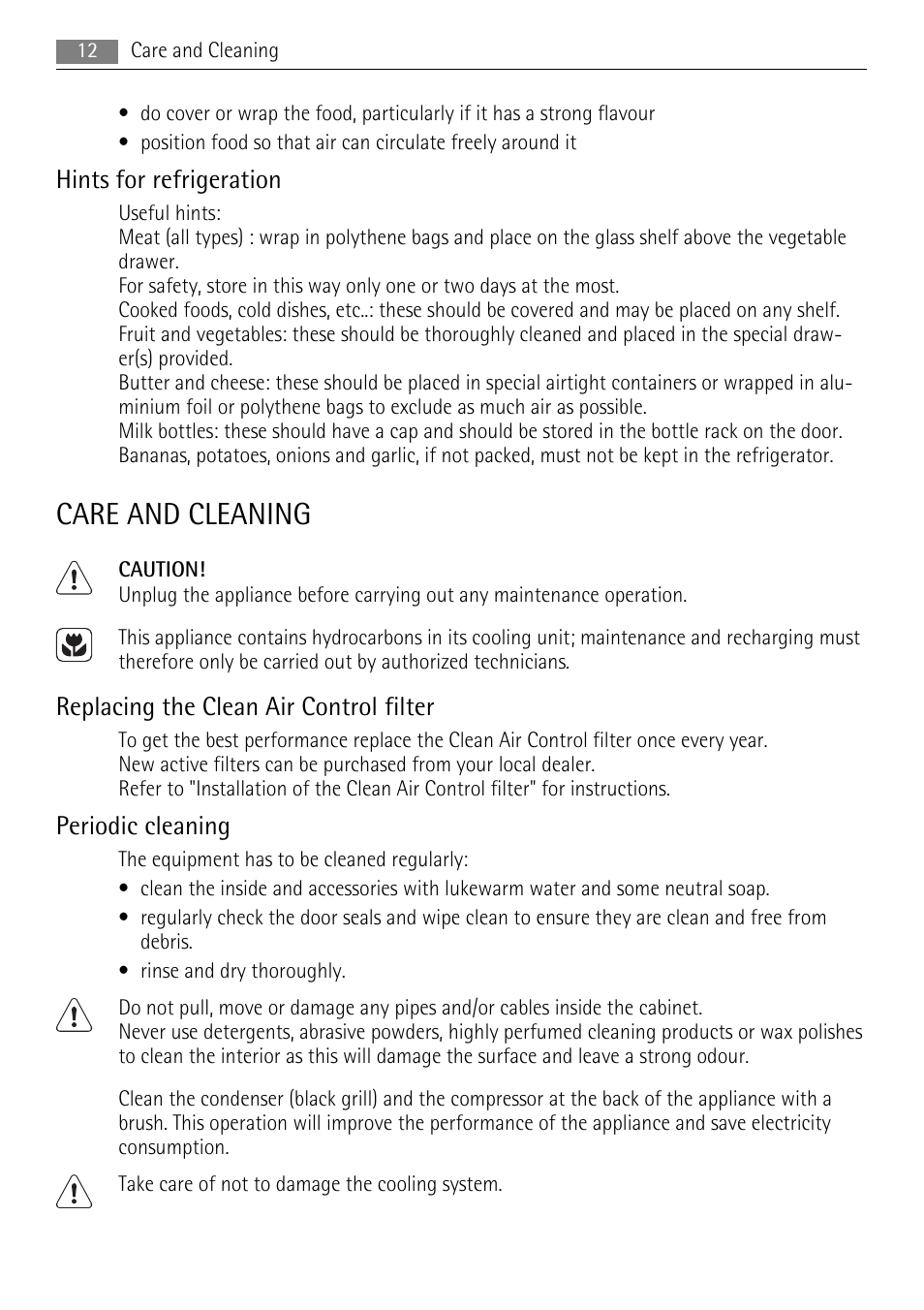 Care and cleaning, Hints for refrigeration, Replacing the clean air control filter | Periodic cleaning | AEG S84000KMX0 User Manual | Page 12 / 92