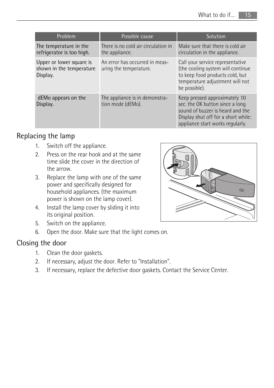 Replacing the lamp, Closing the door | AEG S84000KMX0 User Manual | Page 15 / 92