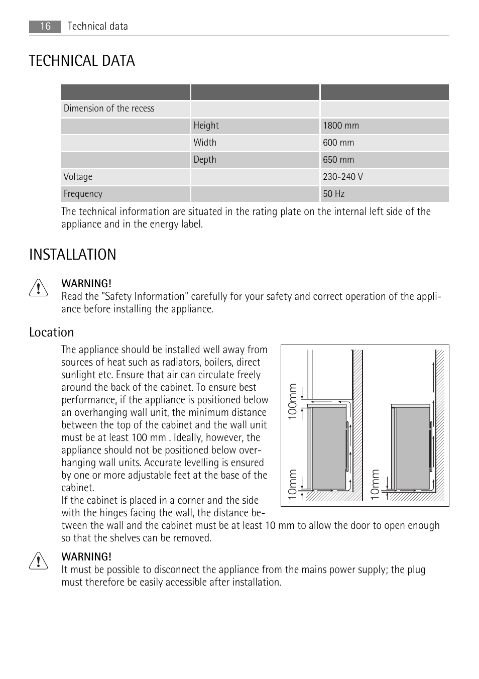 Technical data, Installation, Location | AEG S84000KMX0 User Manual | Page 16 / 92
