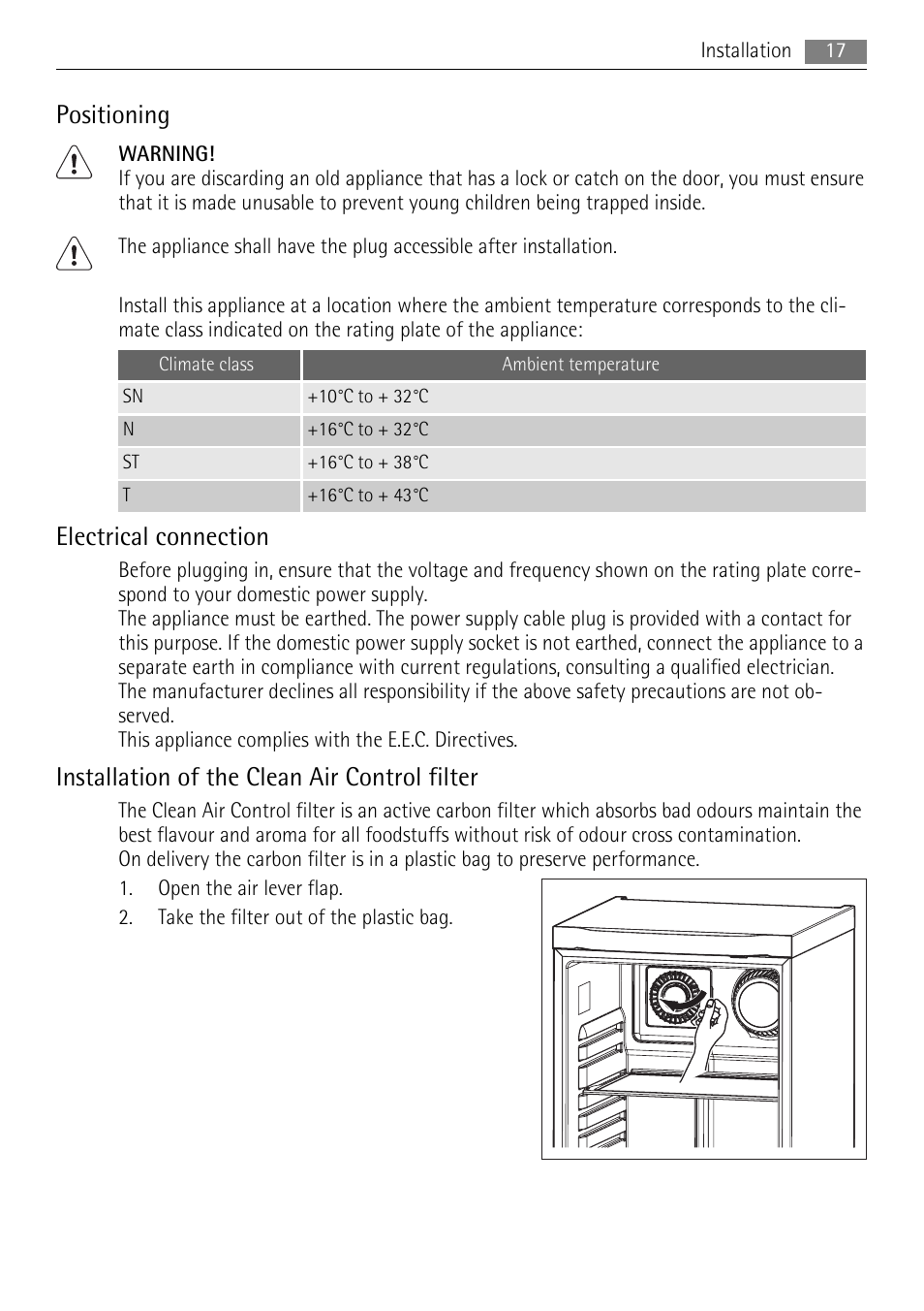 Positioning, Electrical connection, Installation of the clean air control filter | AEG S84000KMX0 User Manual | Page 17 / 92