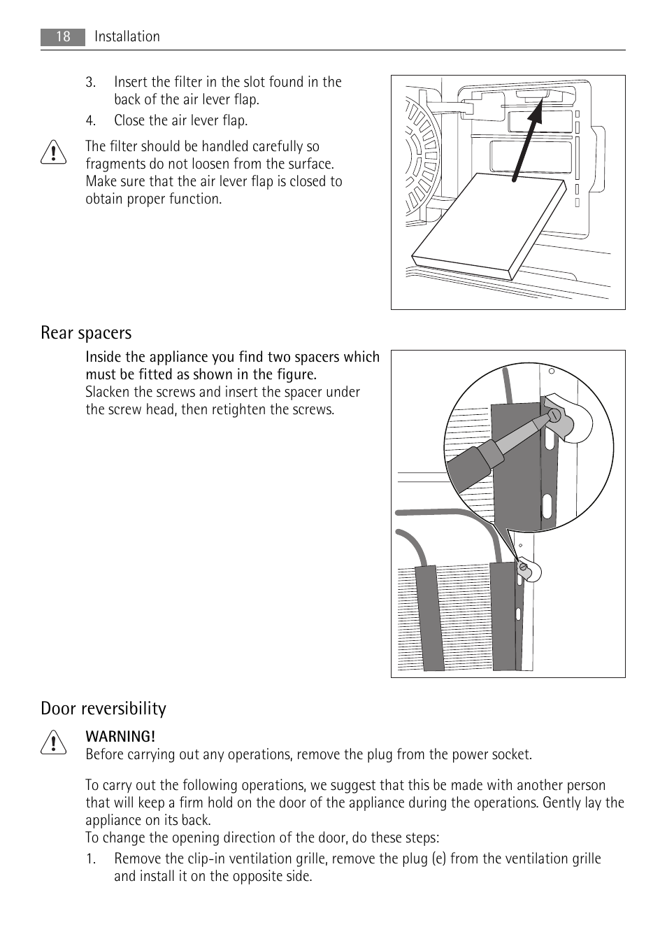 Rear spacers, Door reversibility | AEG S84000KMX0 User Manual | Page 18 / 92