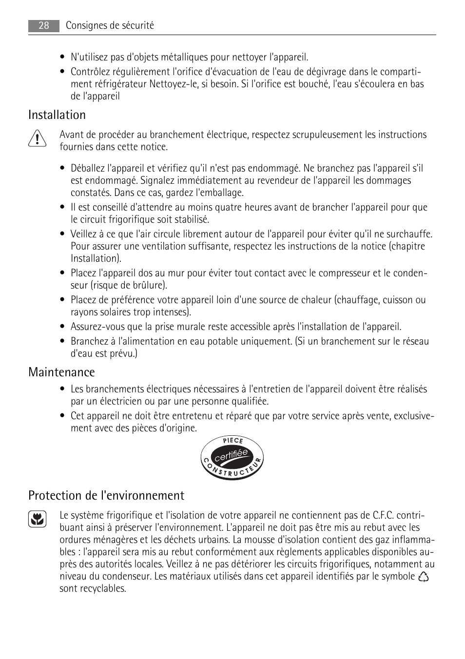 Installation, Maintenance, Protection de l'environnement | AEG S84000KMX0 User Manual | Page 28 / 92