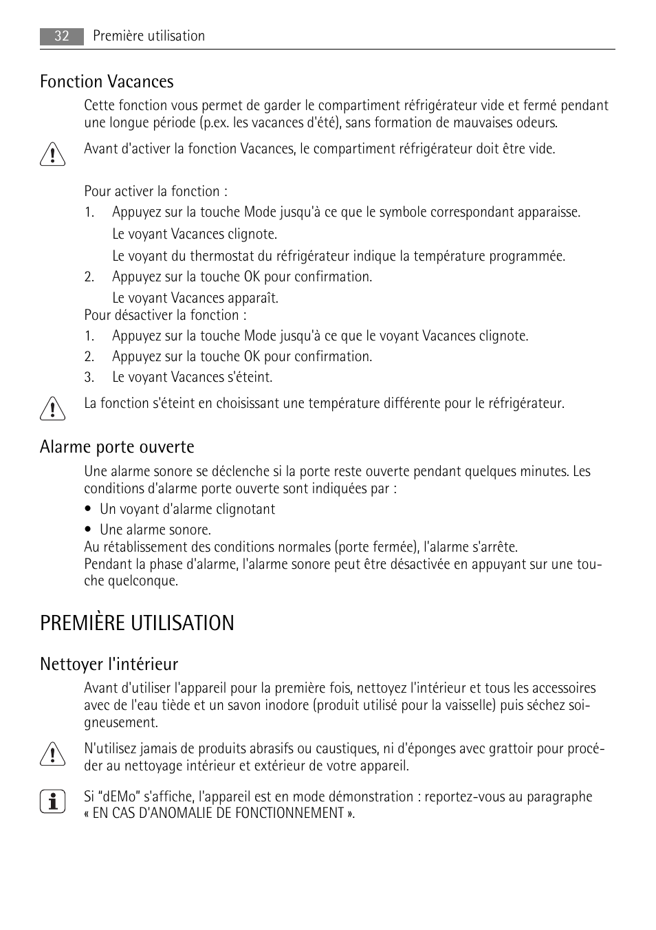 Première utilisation, Fonction vacances, Alarme porte ouverte | Nettoyer l'intérieur | AEG S84000KMX0 User Manual | Page 32 / 92