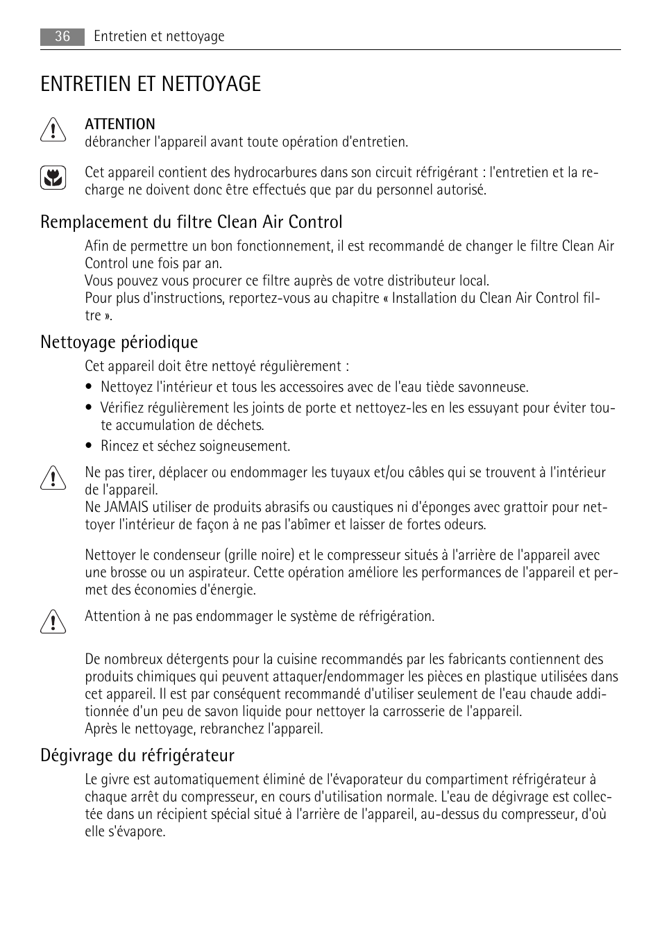 Entretien et nettoyage, Remplacement du filtre clean air control, Nettoyage périodique | Dégivrage du réfrigérateur | AEG S84000KMX0 User Manual | Page 36 / 92