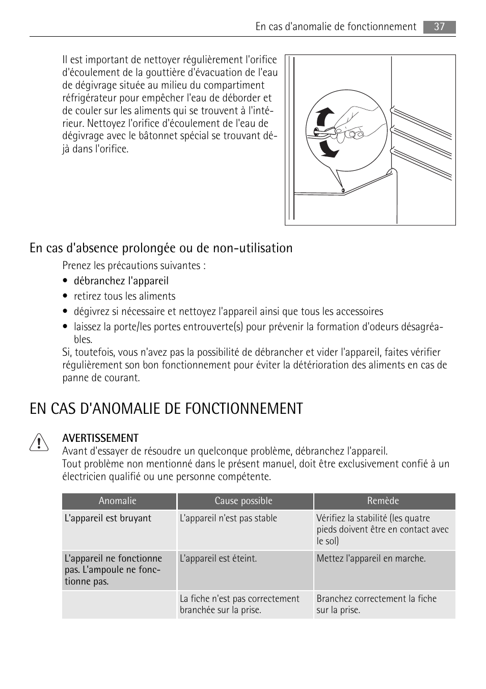 En cas d'anomalie de fonctionnement, En cas d'absence prolongée ou de non-utilisation | AEG S84000KMX0 User Manual | Page 37 / 92