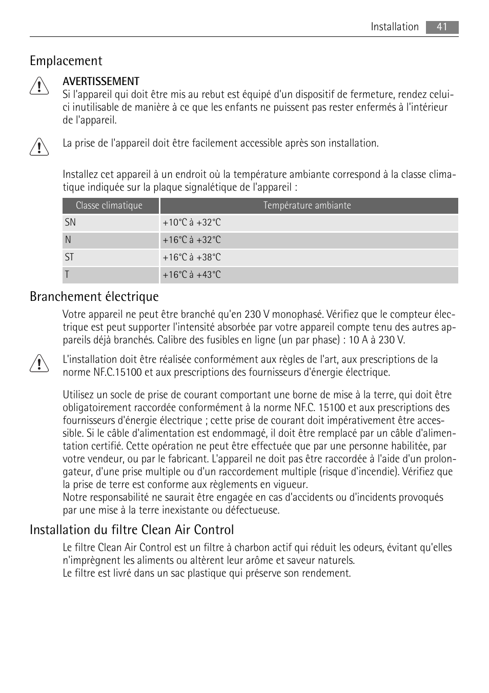 Emplacement, Branchement électrique, Installation du filtre clean air control | AEG S84000KMX0 User Manual | Page 41 / 92