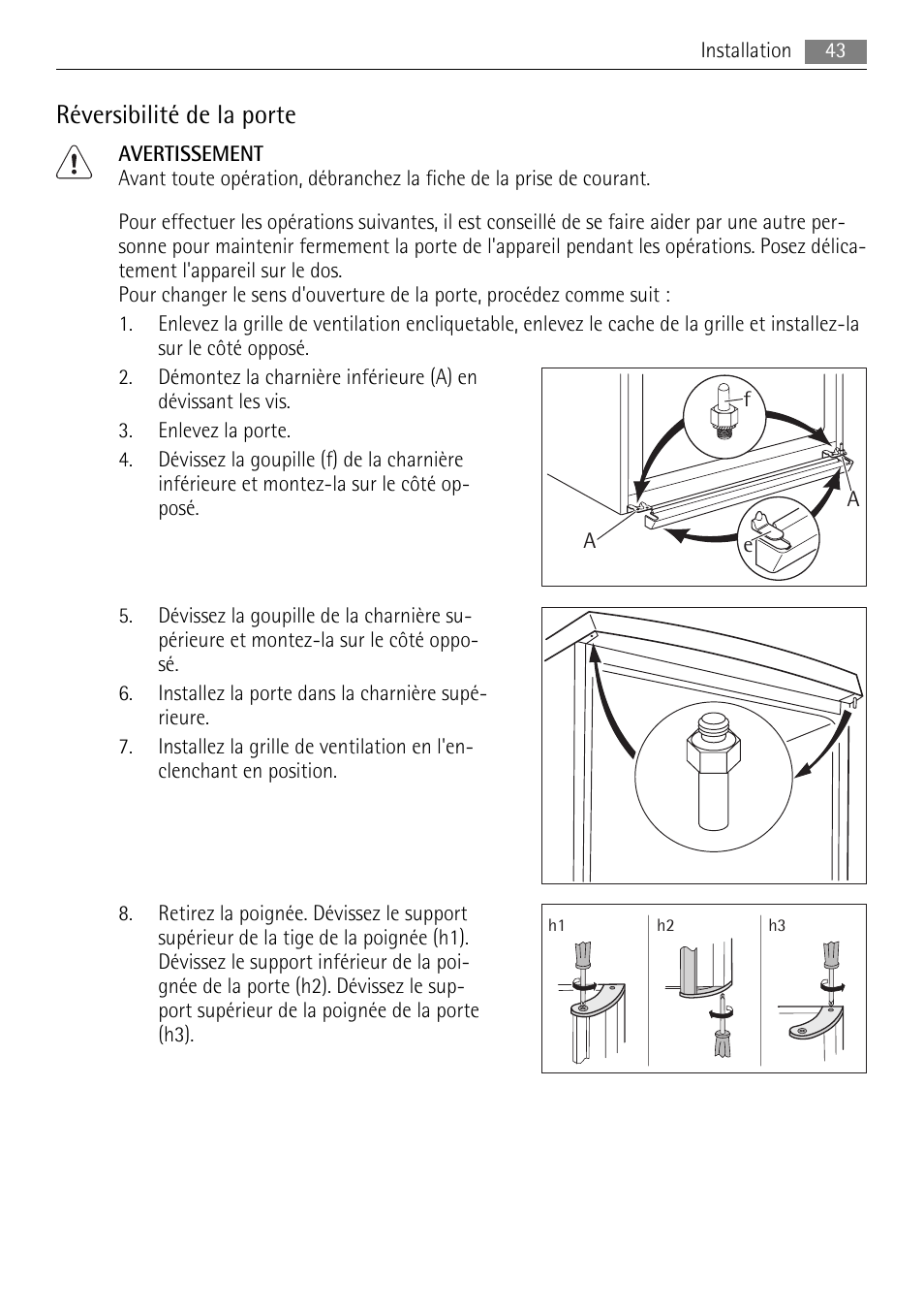 Réversibilité de la porte | AEG S84000KMX0 User Manual | Page 43 / 92