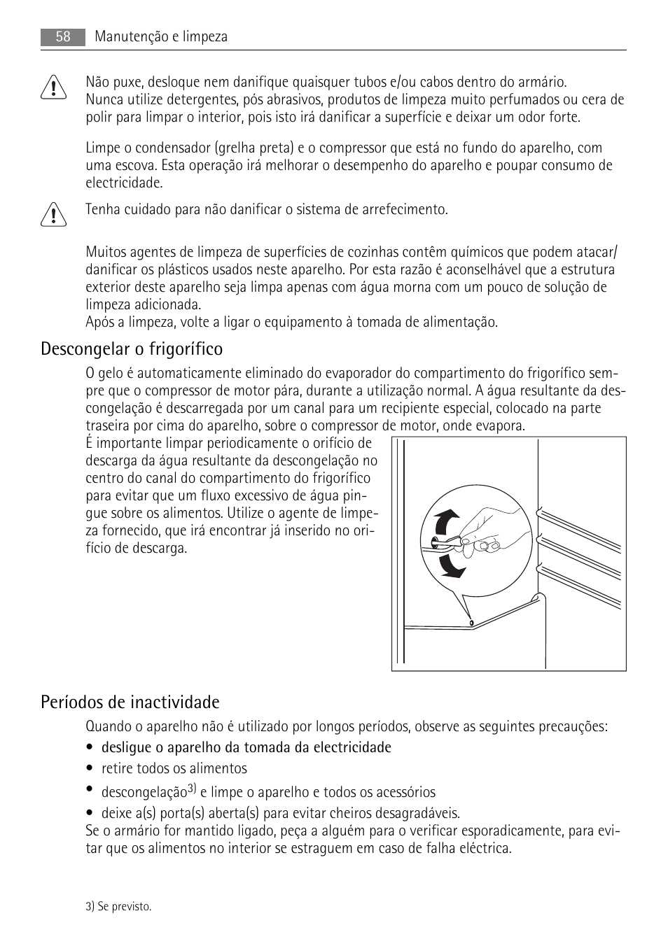 Descongelar o frigorífico, Períodos de inactividade | AEG S84000KMX0 User Manual | Page 58 / 92