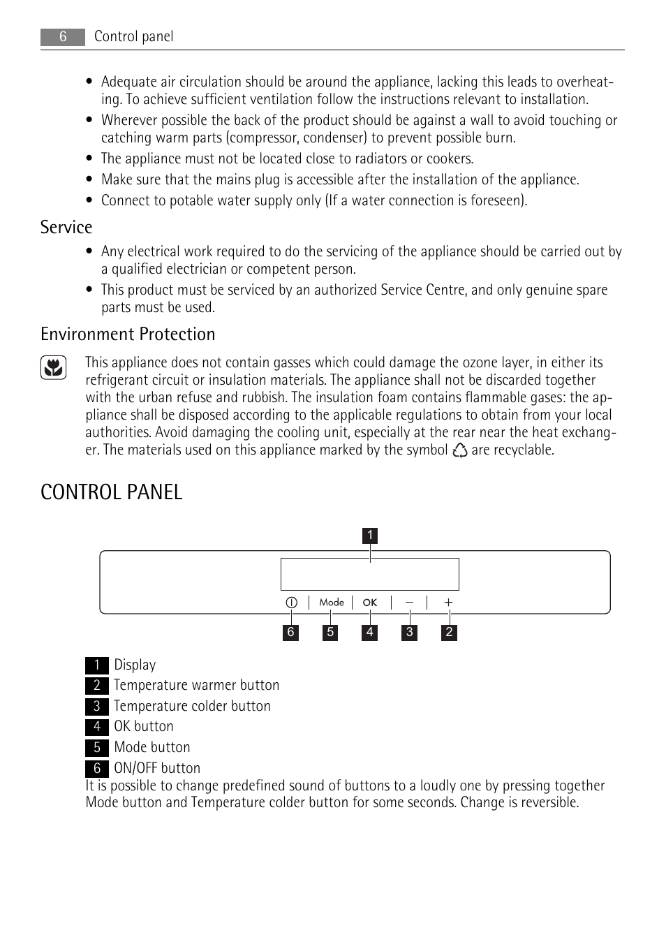 Control panel, Service, Environment protection | AEG S84000KMX0 User Manual | Page 6 / 92