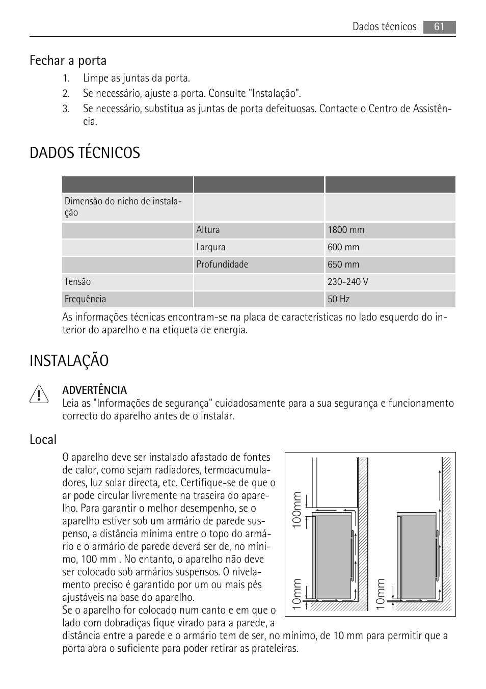 Dados técnicos, Instalação, Fechar a porta | Local | AEG S84000KMX0 User Manual | Page 61 / 92