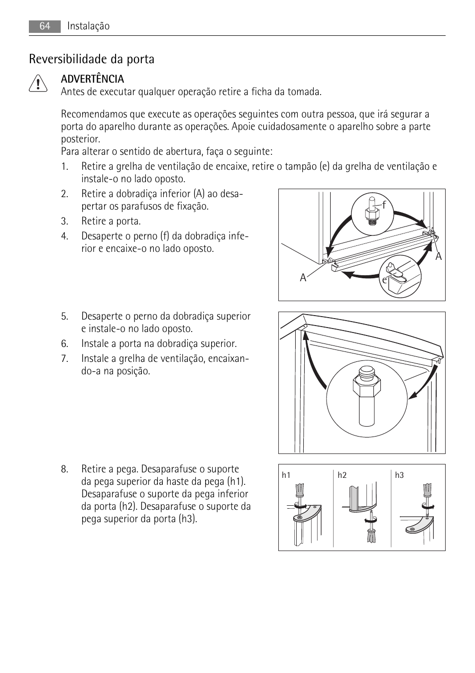 Reversibilidade da porta | AEG S84000KMX0 User Manual | Page 64 / 92