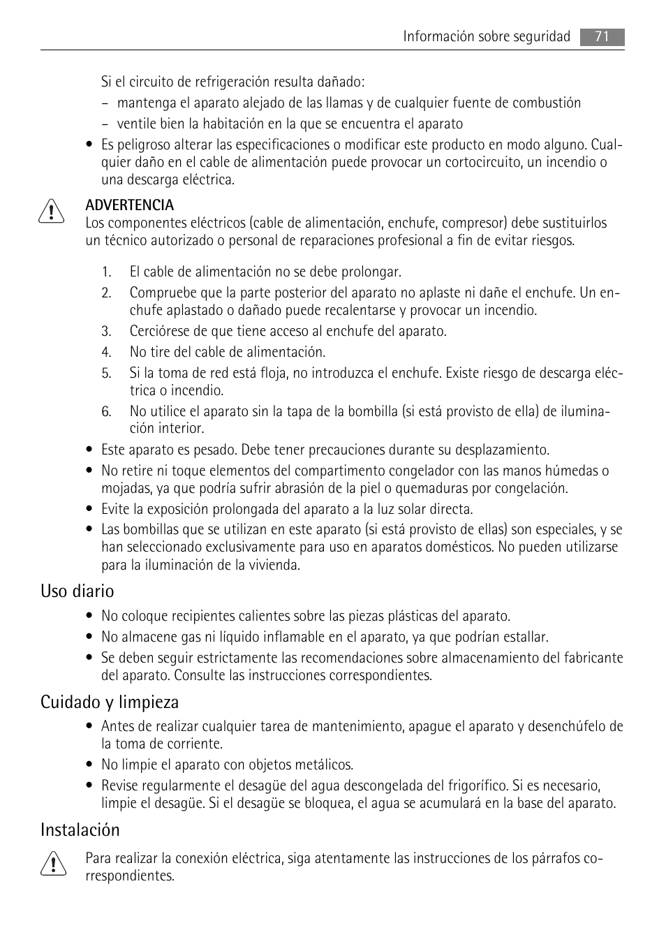 Uso diario, Cuidado y limpieza, Instalación | AEG S84000KMX0 User Manual | Page 71 / 92
