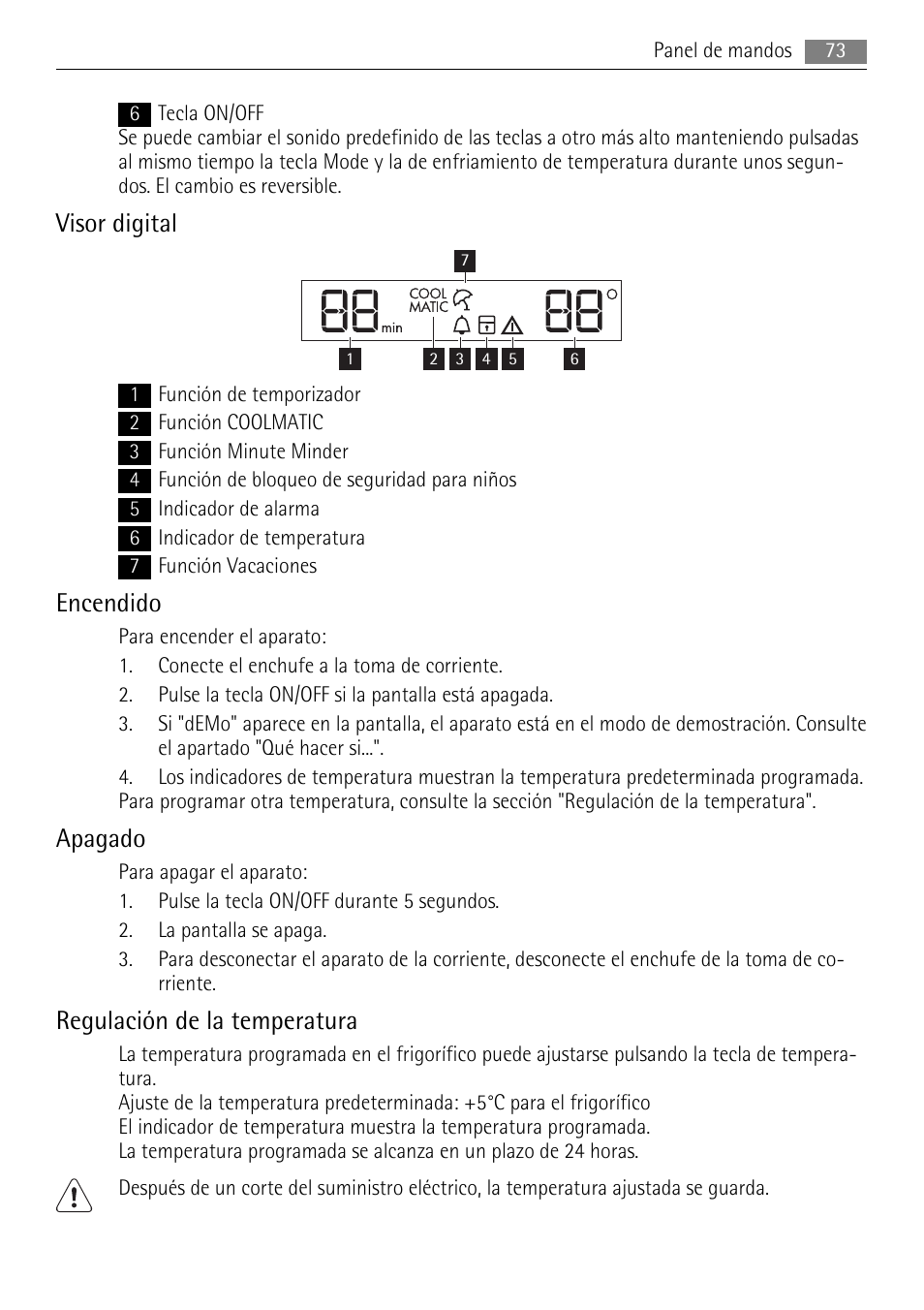Visor digital, Encendido, Apagado | Regulación de la temperatura | AEG S84000KMX0 User Manual | Page 73 / 92