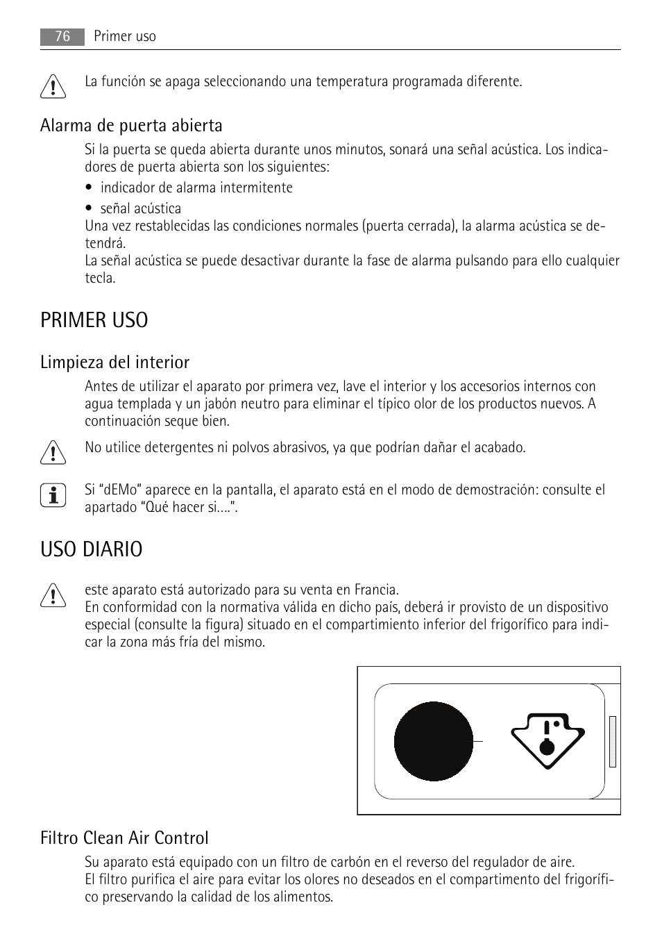 Primer uso, Uso diario, Alarma de puerta abierta | Limpieza del interior, Filtro clean air control | AEG S84000KMX0 User Manual | Page 76 / 92