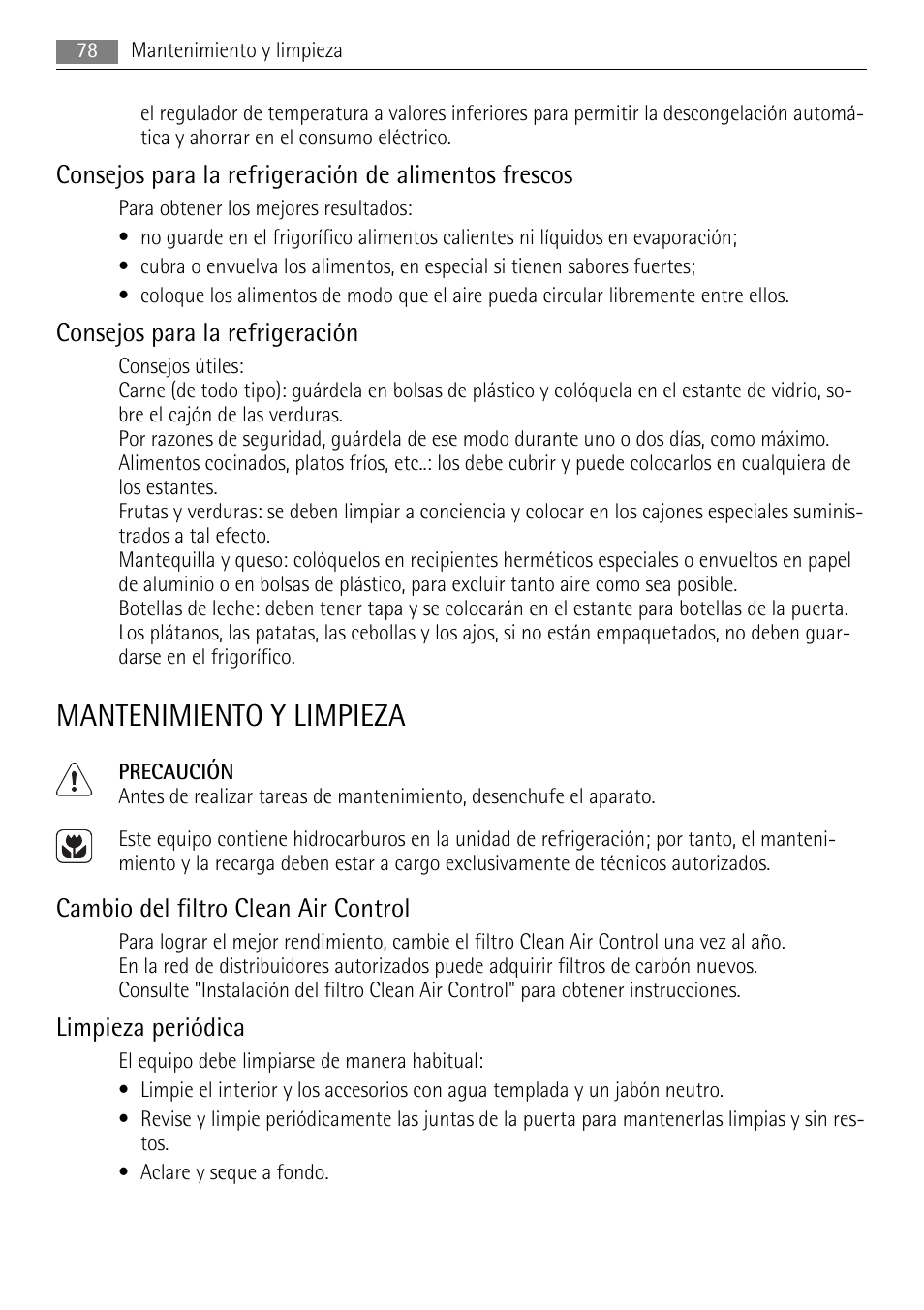 Mantenimiento y limpieza, Consejos para la refrigeración, Cambio del filtro clean air control | Limpieza periódica | AEG S84000KMX0 User Manual | Page 78 / 92