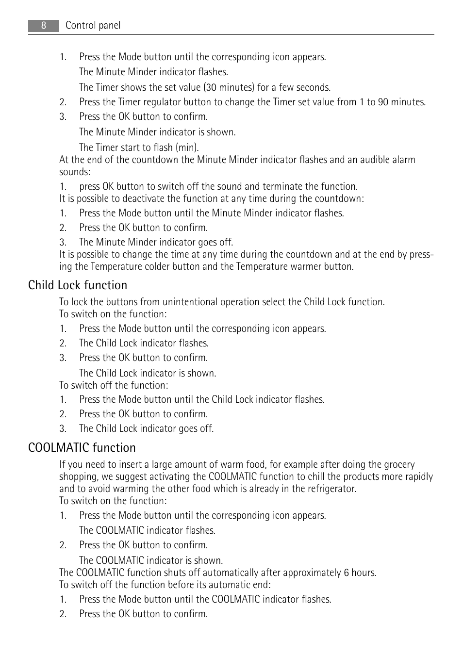 Child lock function, Coolmatic function | AEG S84000KMX0 User Manual | Page 8 / 92