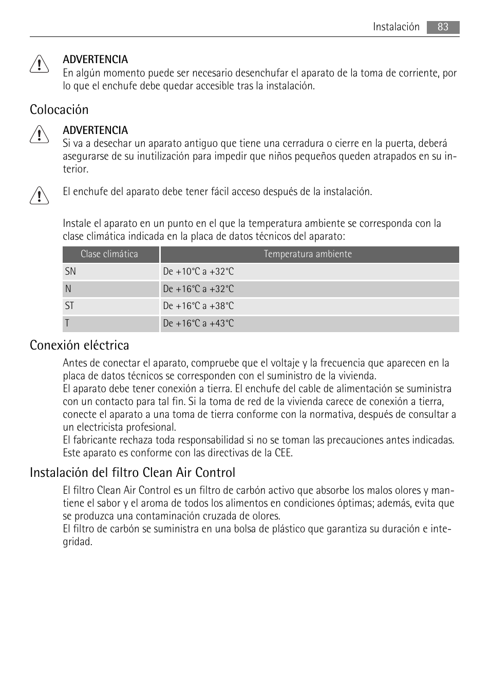 Colocación, Conexión eléctrica, Instalación del filtro clean air control | AEG S84000KMX0 User Manual | Page 83 / 92