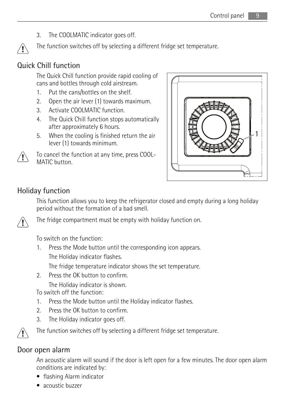 Quick chill function, Holiday function, Door open alarm | AEG S84000KMX0 User Manual | Page 9 / 92