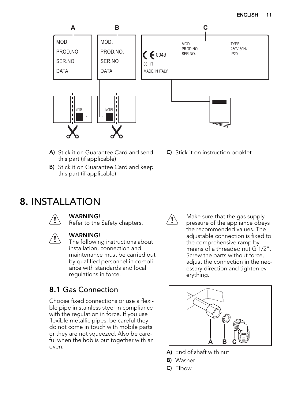 Installation, 1 gas connection | AEG HG694340XB User Manual | Page 11 / 76