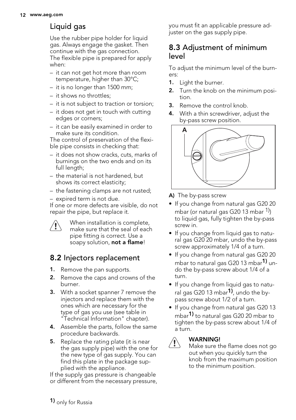 Liquid gas, 2 injectors replacement, 3 adjustment of minimum level | AEG HG694340XB User Manual | Page 12 / 76