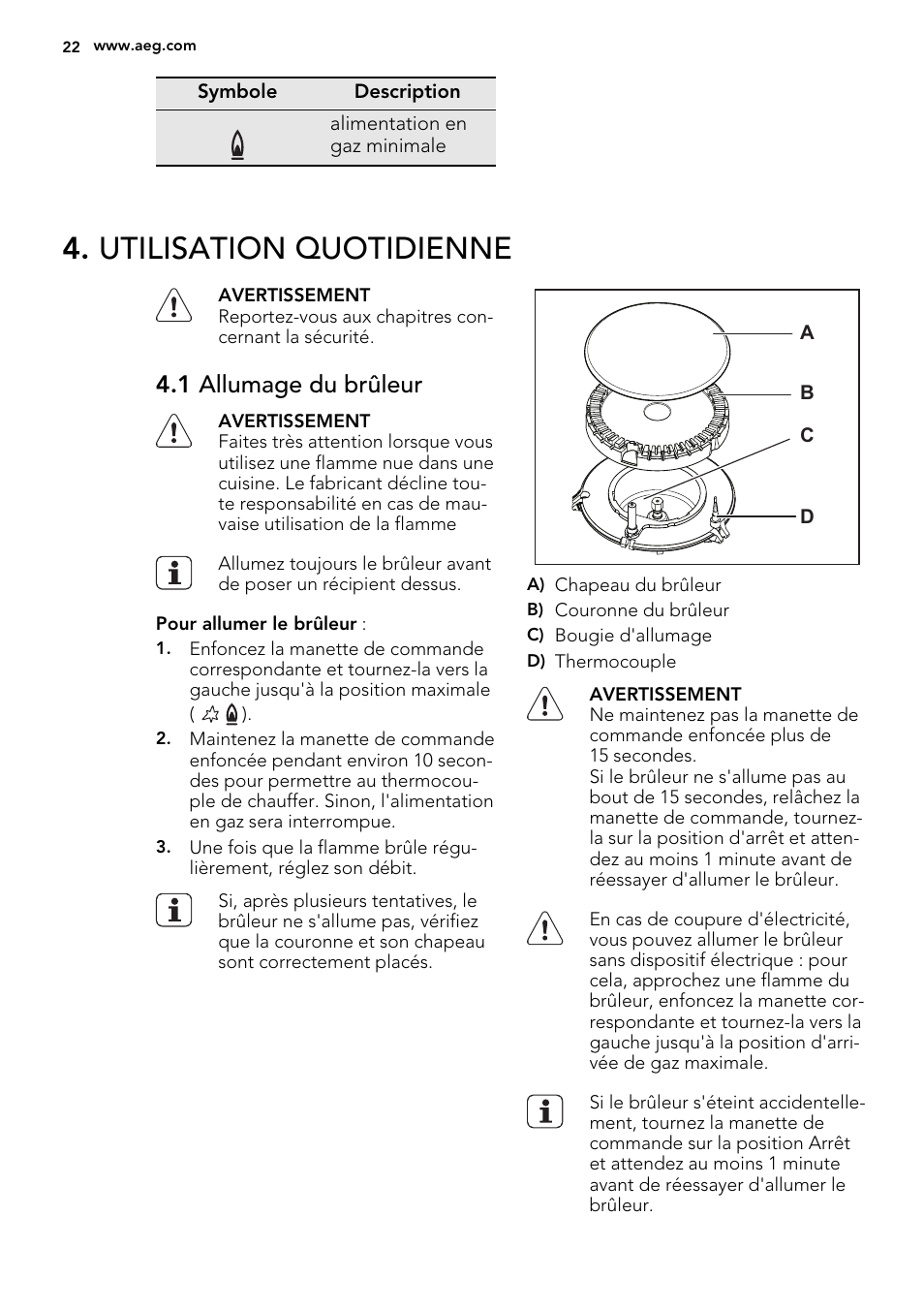 Utilisation quotidienne, 1 allumage du brûleur | AEG HG694340XB User Manual | Page 22 / 76