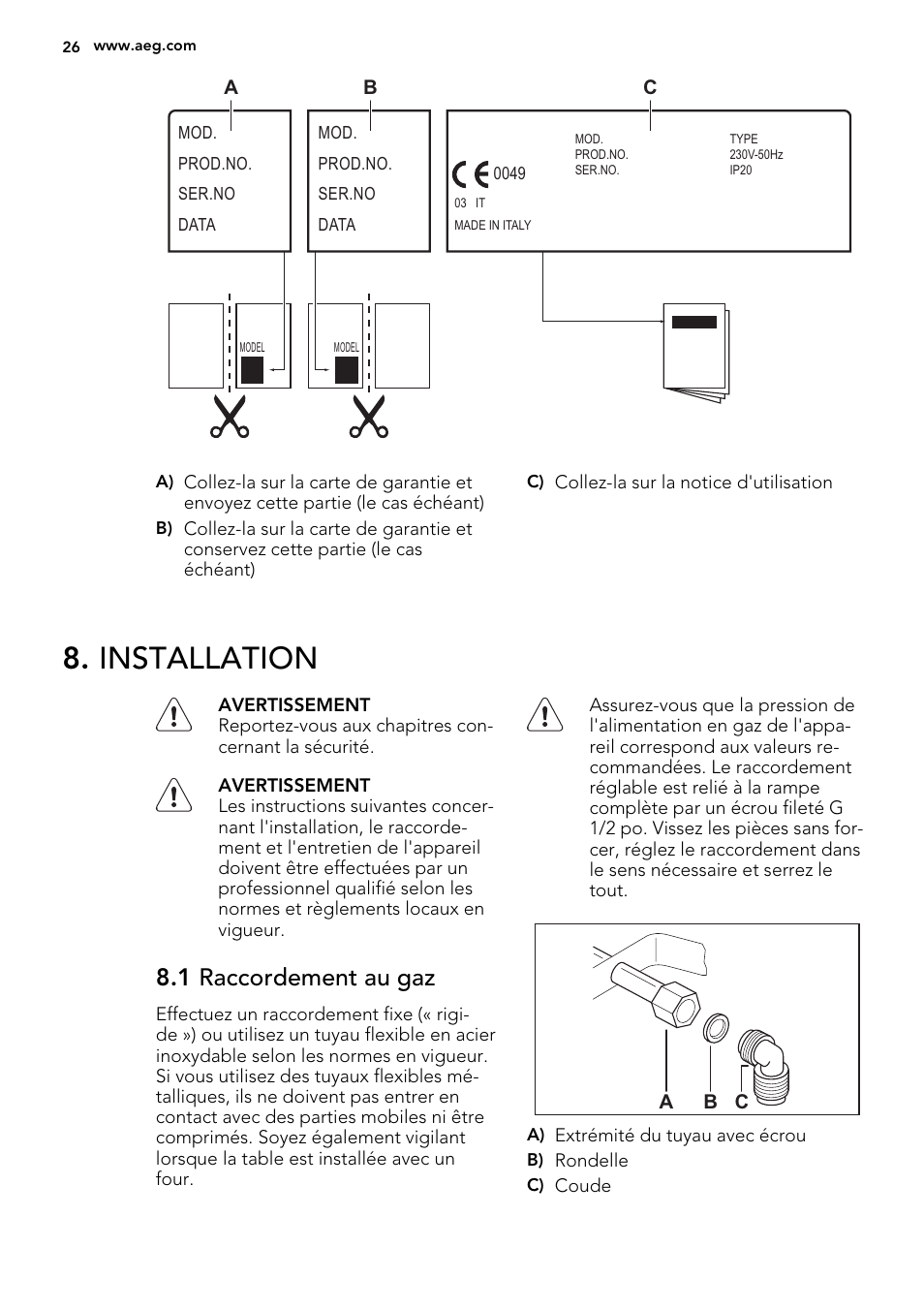 Installation, 1 raccordement au gaz | AEG HG694340XB User Manual | Page 26 / 76