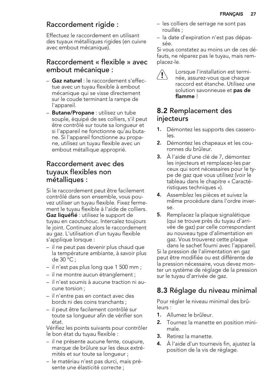 Raccordement rigide, Raccordement « flexible » avec embout mécanique, 2 remplacement des injecteurs | 3 réglage du niveau minimal | AEG HG694340XB User Manual | Page 27 / 76