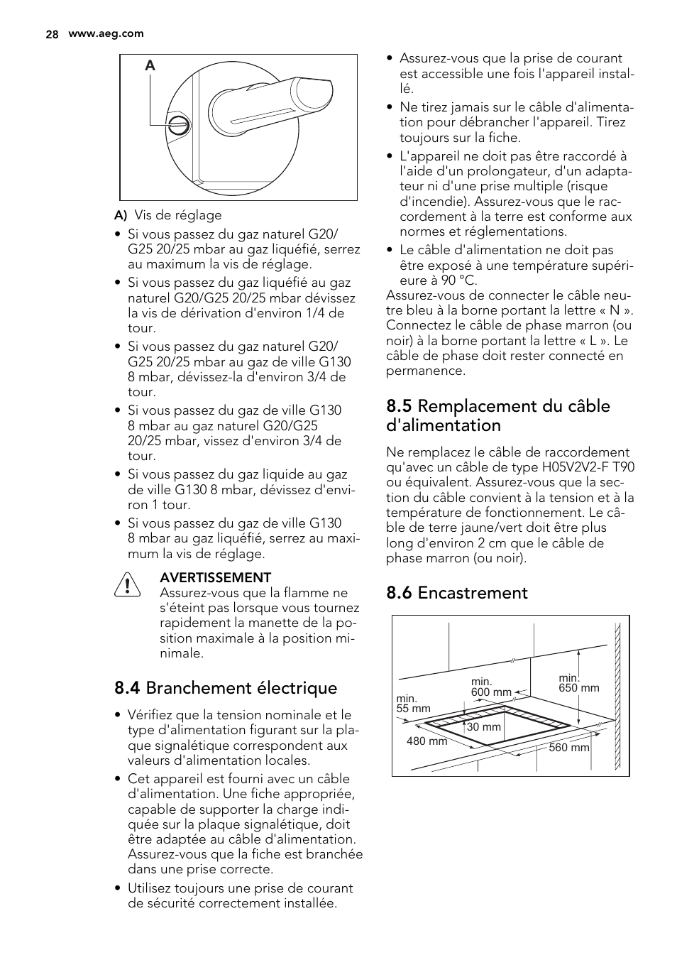 4 branchement électrique, 5 remplacement du câble d'alimentation, 6 encastrement | AEG HG694340XB User Manual | Page 28 / 76