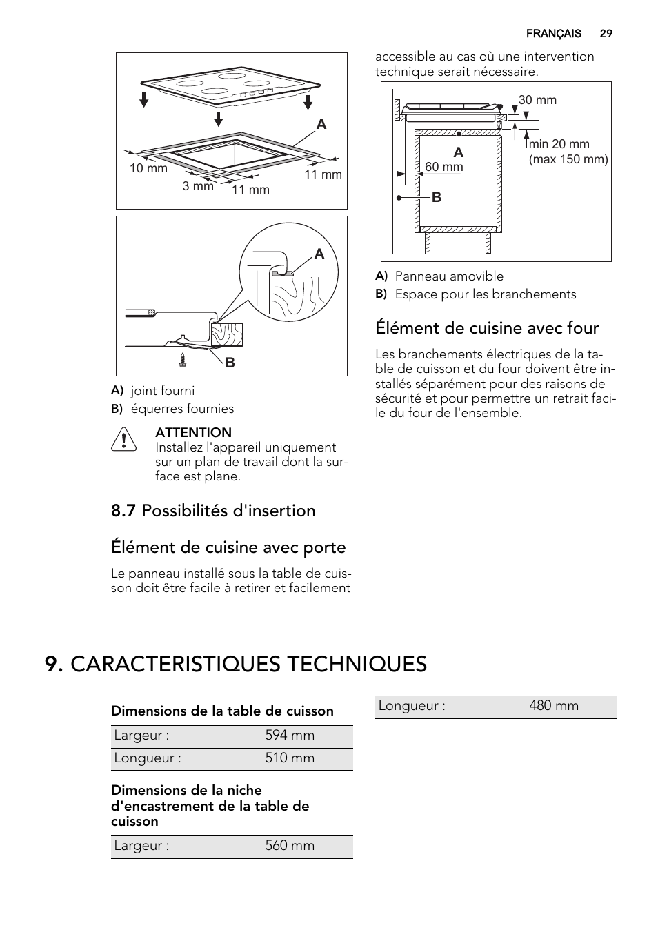 Caracteristiques techniques, Élément de cuisine avec four | AEG HG694340XB User Manual | Page 29 / 76