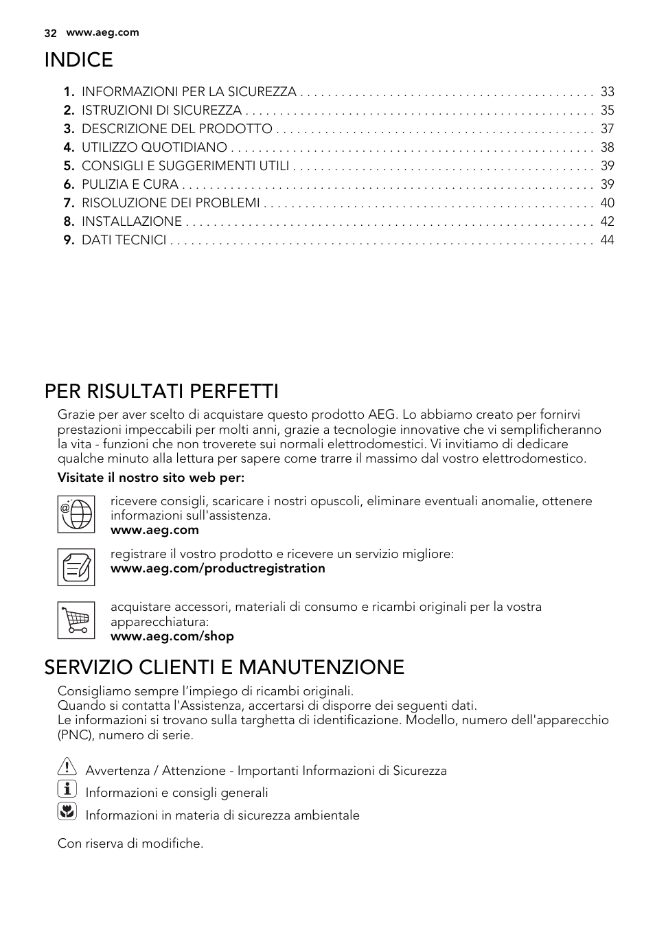 Indice, Per risultati perfetti, Servizio clienti e manutenzione | AEG HG694340XB User Manual | Page 32 / 76