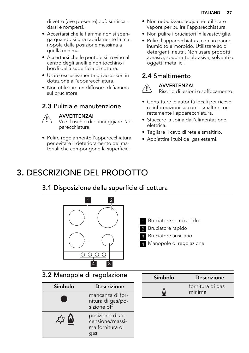Descrizione del prodotto, 3 pulizia e manutenzione, 4 smaltimento | 1 disposizione della superficie di cottura, 2 manopole di regolazione | AEG HG694340XB User Manual | Page 37 / 76