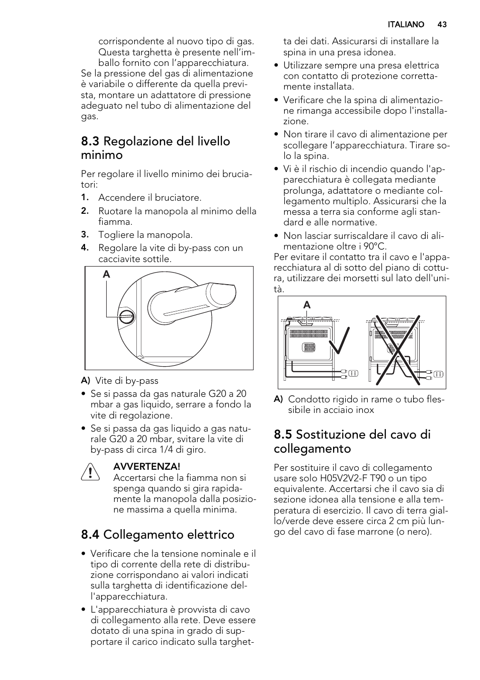 3 regolazione del livello minimo, 4 collegamento elettrico, 5 sostituzione del cavo di collegamento | AEG HG694340XB User Manual | Page 43 / 76