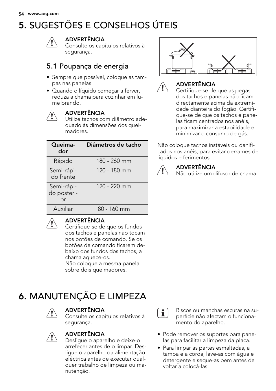 Sugestões e conselhos úteis, Manutenção e limpeza, 1 poupança de energia | AEG HG694340XB User Manual | Page 54 / 76