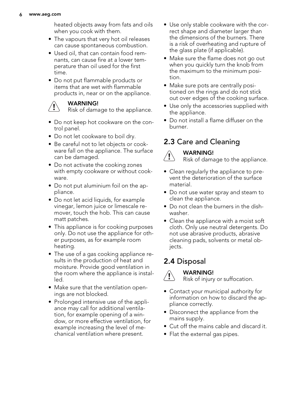 3 care and cleaning, 4 disposal | AEG HG694340XB User Manual | Page 6 / 76