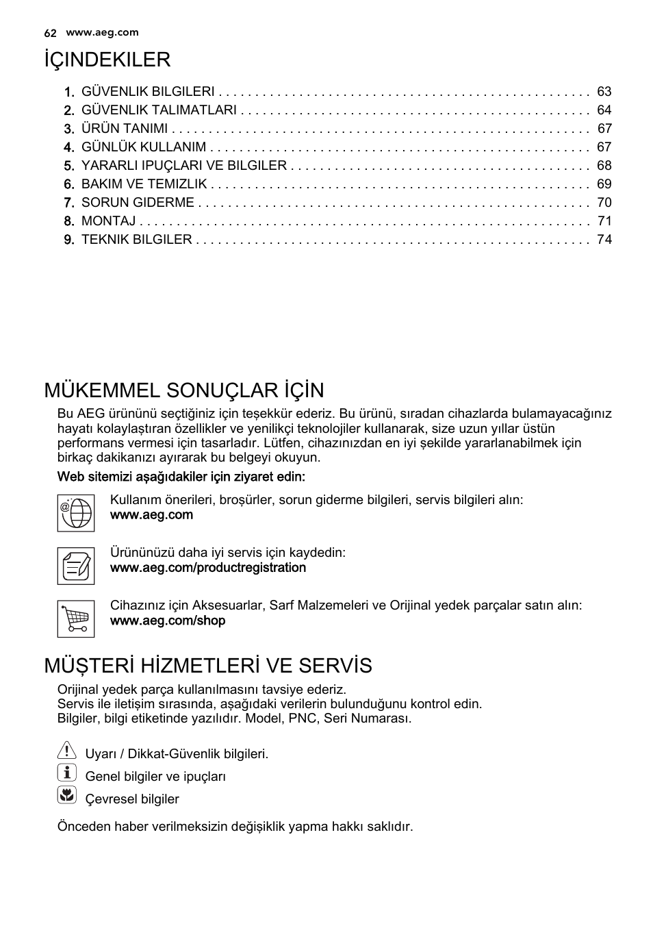 Içindekiler, Mükemmel sonuçlar için, Müşteri hizmetleri ve servis | AEG HG694340XB User Manual | Page 62 / 76