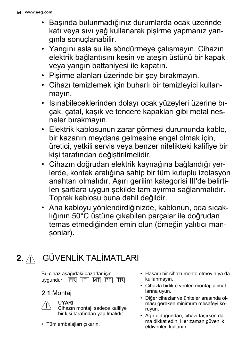 Güvenlik talimatlari | AEG HG694340XB User Manual | Page 64 / 76