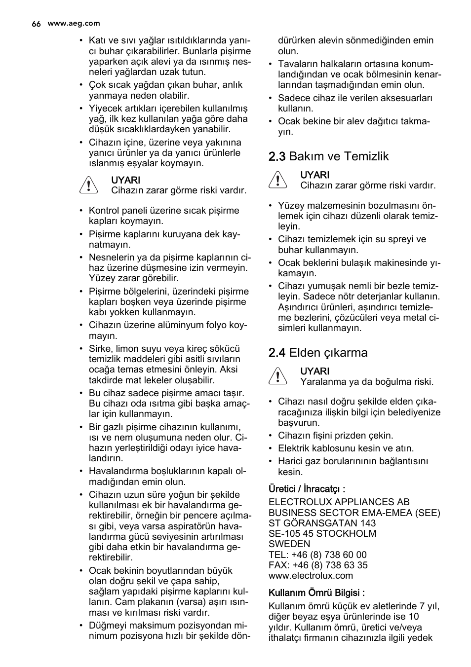 3 bakım ve temizlik, 4 elden çıkarma | AEG HG694340XB User Manual | Page 66 / 76