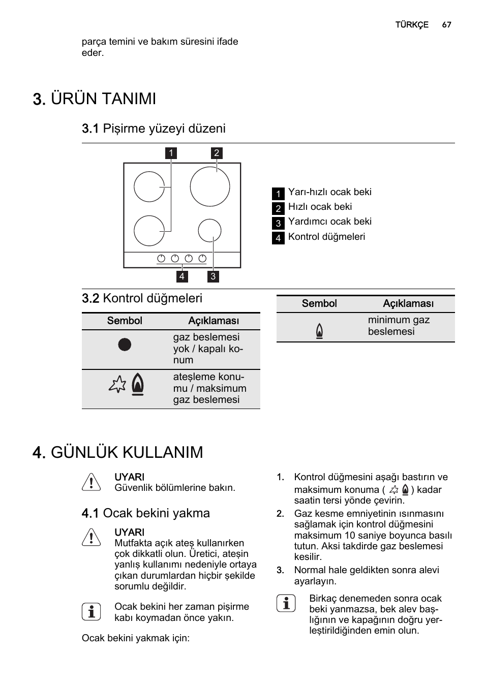 Ürün tanimi, Günlük kullanim, 1 pişirme yüzeyi düzeni | 2 kontrol düğmeleri, 1 ocak bekini yakma | AEG HG694340XB User Manual | Page 67 / 76