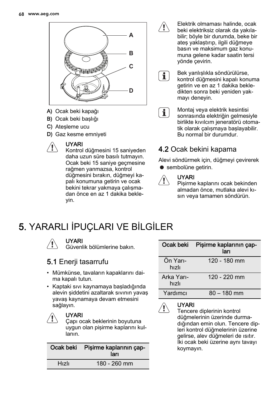 Yararli ipuçlari ve bilgiler, 2 ocak bekini kapama, 1 enerji tasarrufu | AEG HG694340XB User Manual | Page 68 / 76