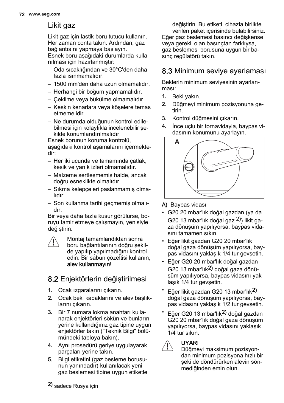 Likit gaz, 2 enjektörlerin değiştirilmesi, 3 minimum seviye ayarlaması | AEG HG694340XB User Manual | Page 72 / 76