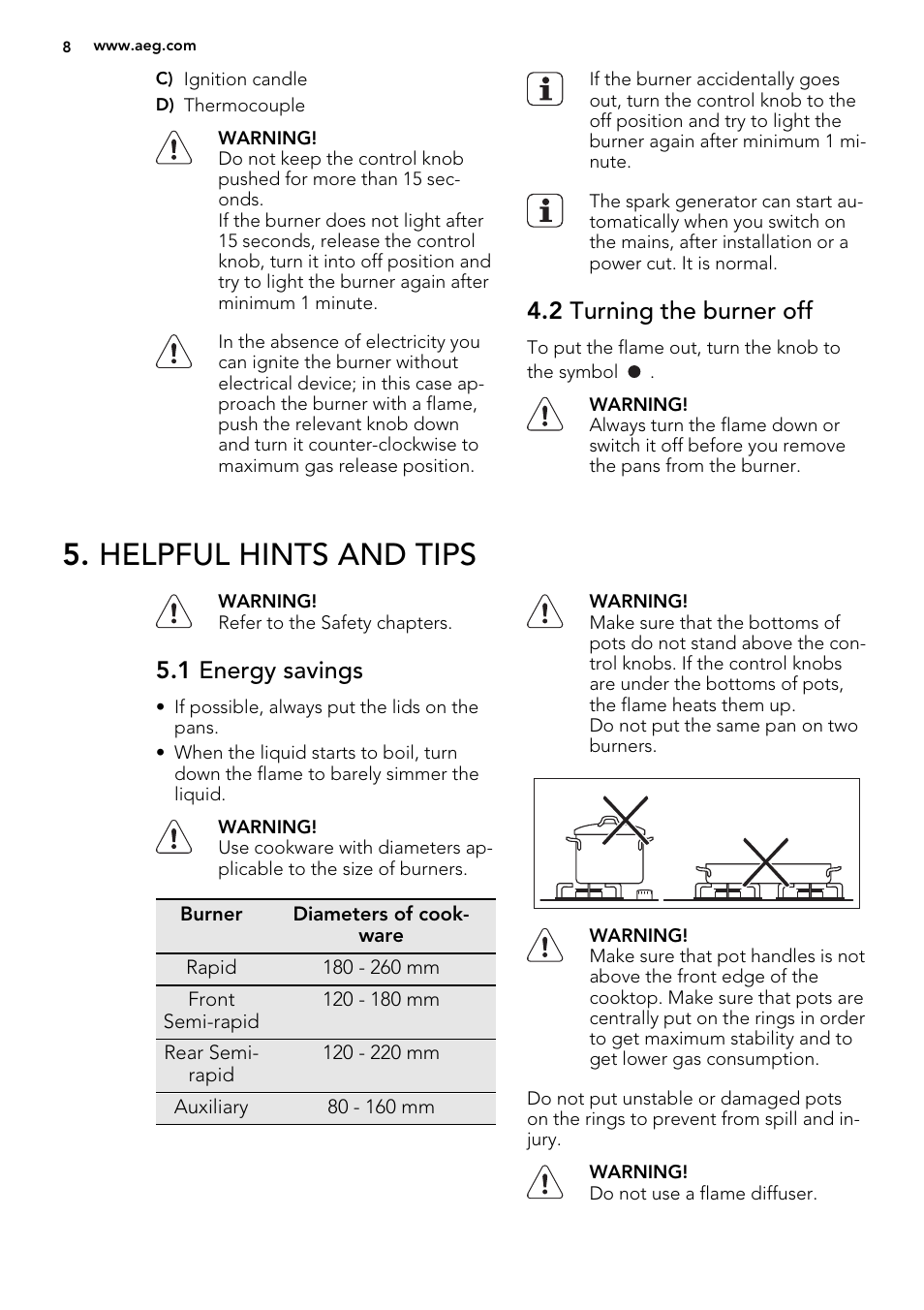 Helpful hints and tips, 2 turning the burner off, 1 energy savings | AEG HG694340XB User Manual | Page 8 / 76