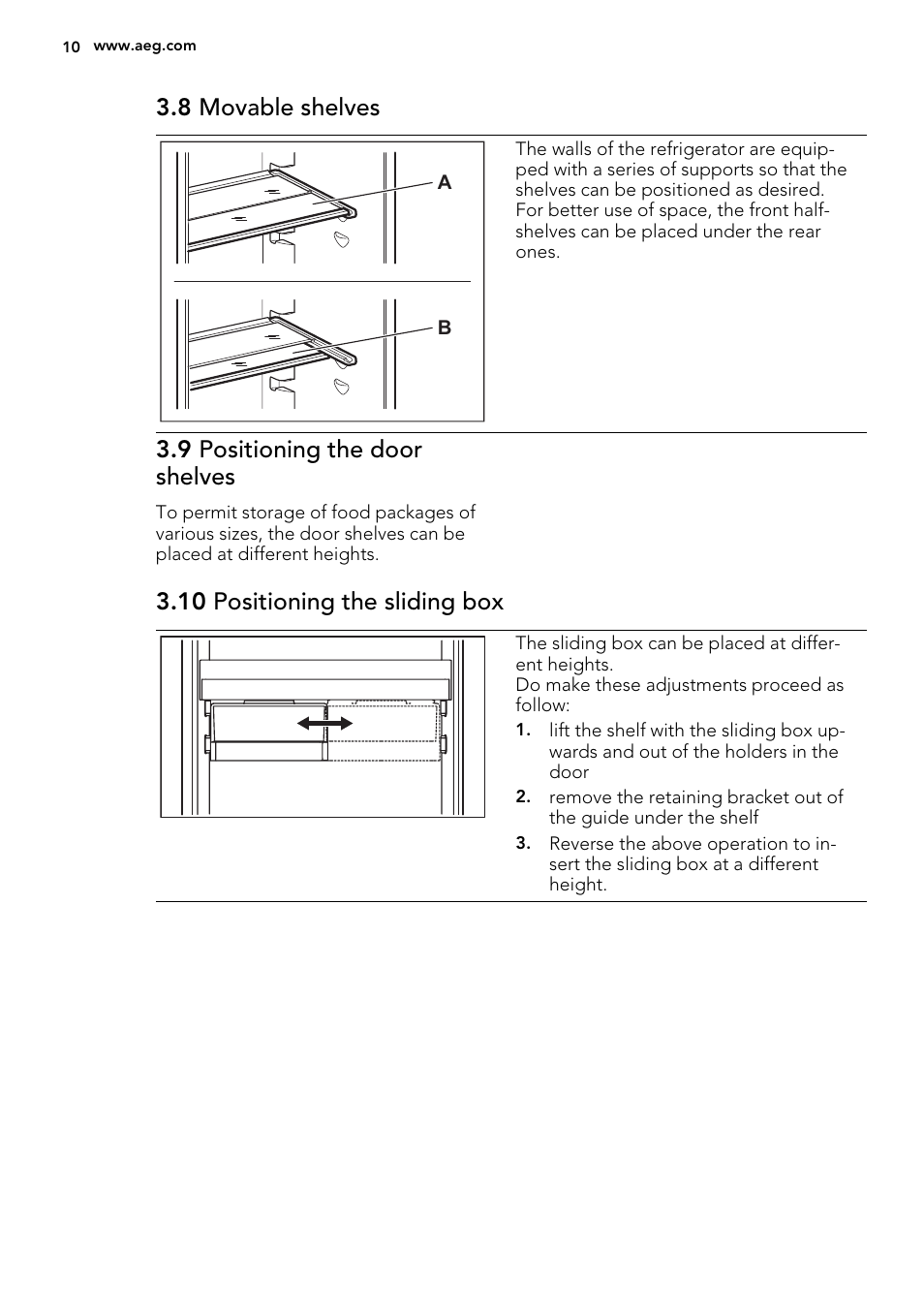 8 movable shelves, 9 positioning the door shelves, 10 positioning the sliding box | AEG SKS81240F0 User Manual | Page 10 / 72