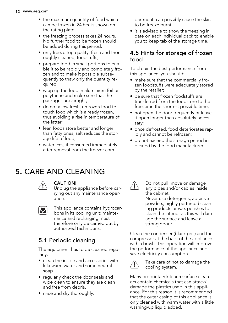 Care and cleaning, 5 hints for storage of frozen food, 1 periodic cleaning | AEG SKS81240F0 User Manual | Page 12 / 72