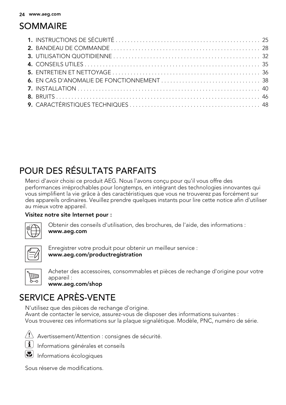 Sommaire, Pour des résultats parfaits, Service après-vente | AEG SKS81240F0 User Manual | Page 24 / 72