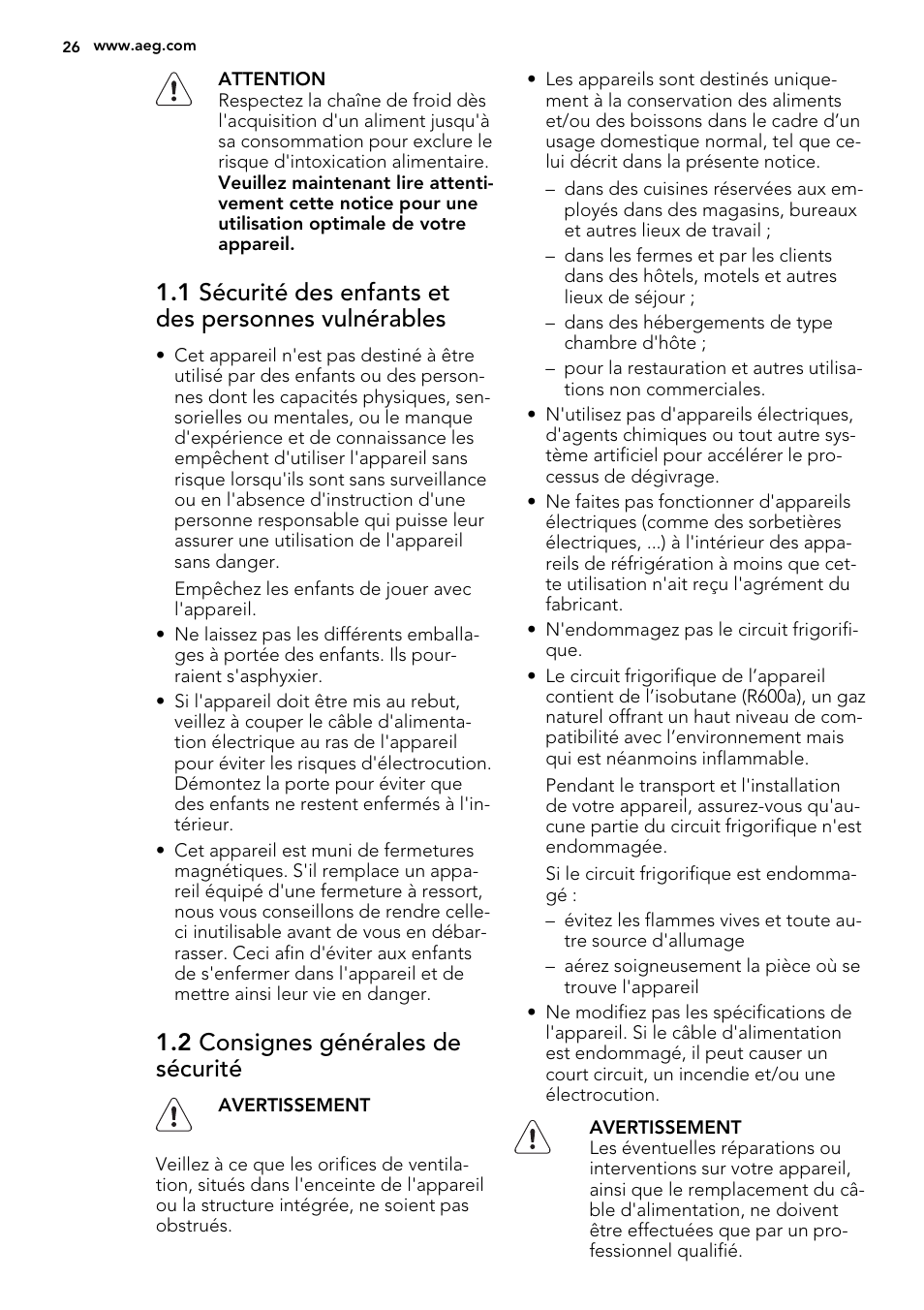 2 consignes générales de sécurité | AEG SKS81240F0 User Manual | Page 26 / 72