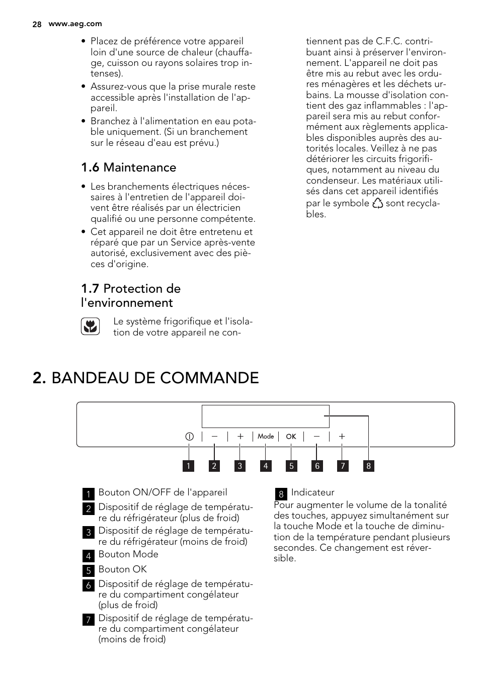 Bandeau de commande, 6 maintenance, 7 protection de l'environnement | AEG SKS81240F0 User Manual | Page 28 / 72