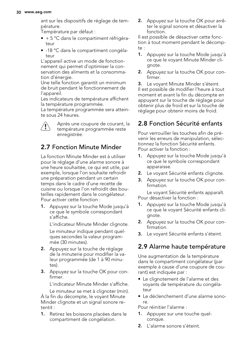 7 fonction minute minder, 8 fonction sécurité enfants, 9 alarme haute température | AEG SKS81240F0 User Manual | Page 30 / 72